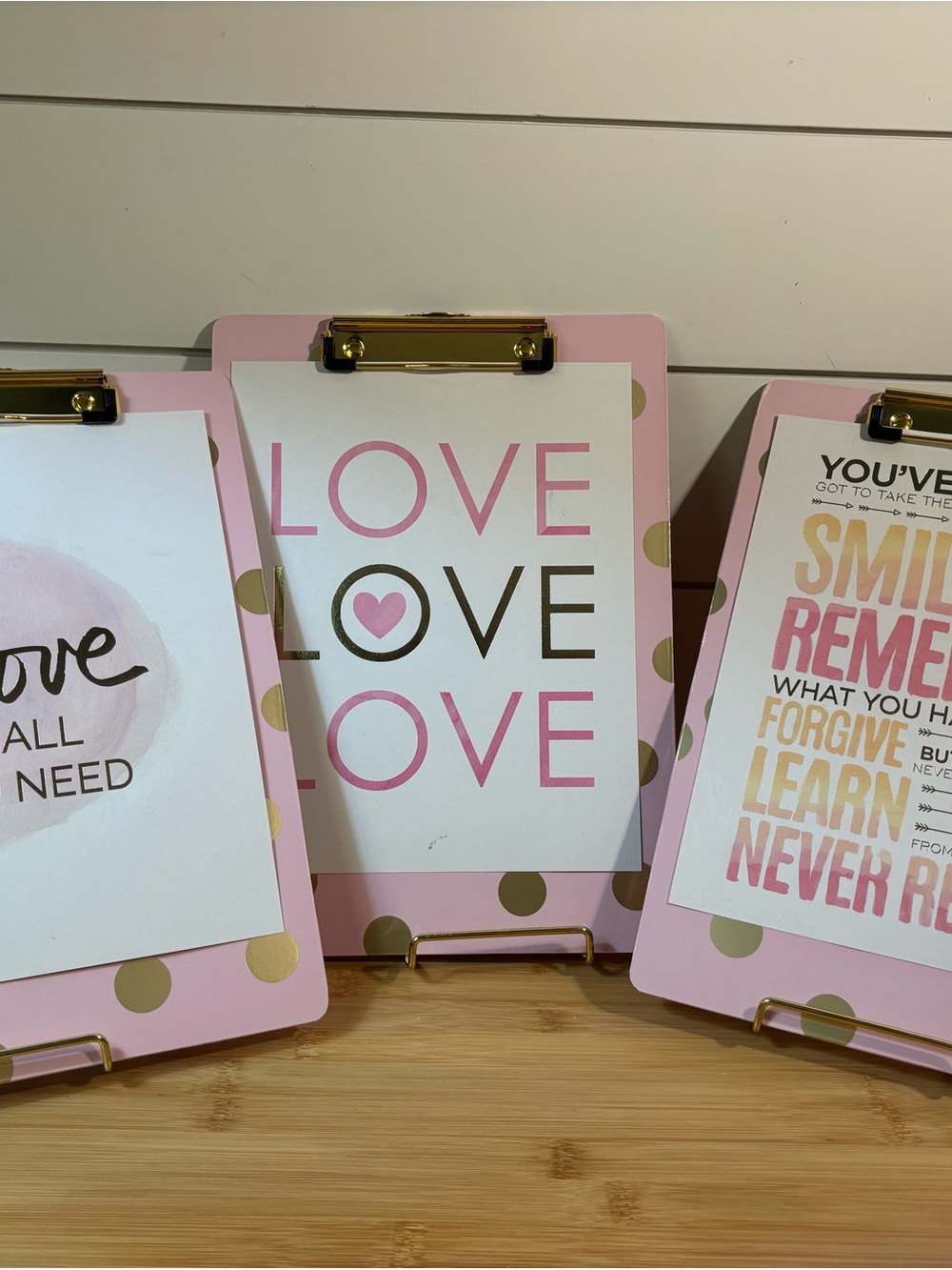 Trio of Pink & Gold Polka Dot Clipboards with Removable Inspirational Qoutes